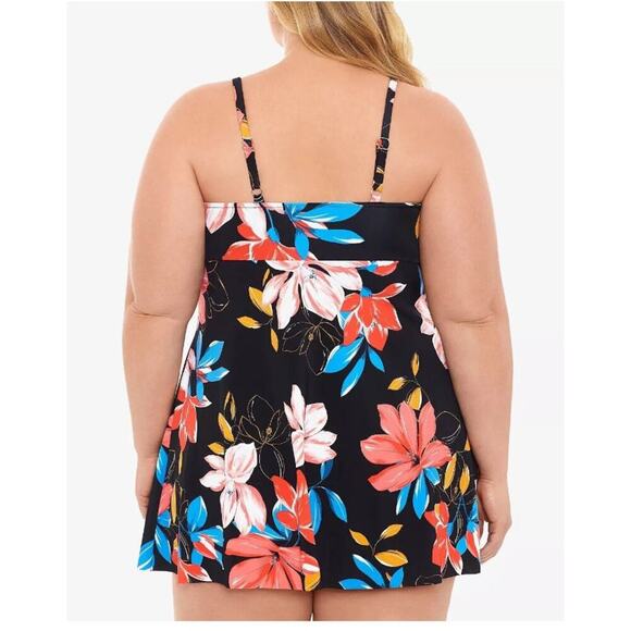 SWIM SOLUTIONS Black Pink Floral Print One Piece Swim Dress 18  $119 - NWT - Picture 3 of 5